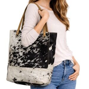 Myra Bag Women's Large Black White Cowhide Western Hair-on-Hide Tote Bag